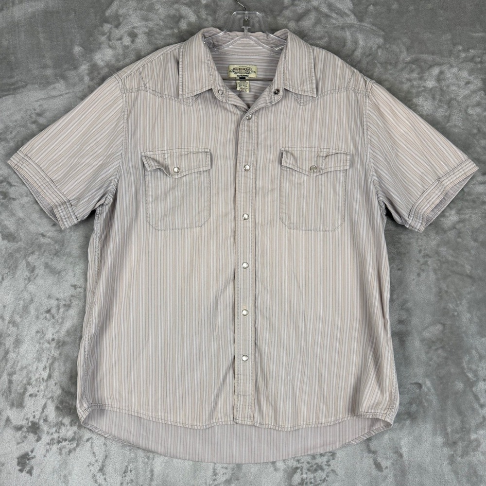American Rag Mens XL Western Pearl Snap Shirt Short Sleeve Pinstripe Cotton Tan